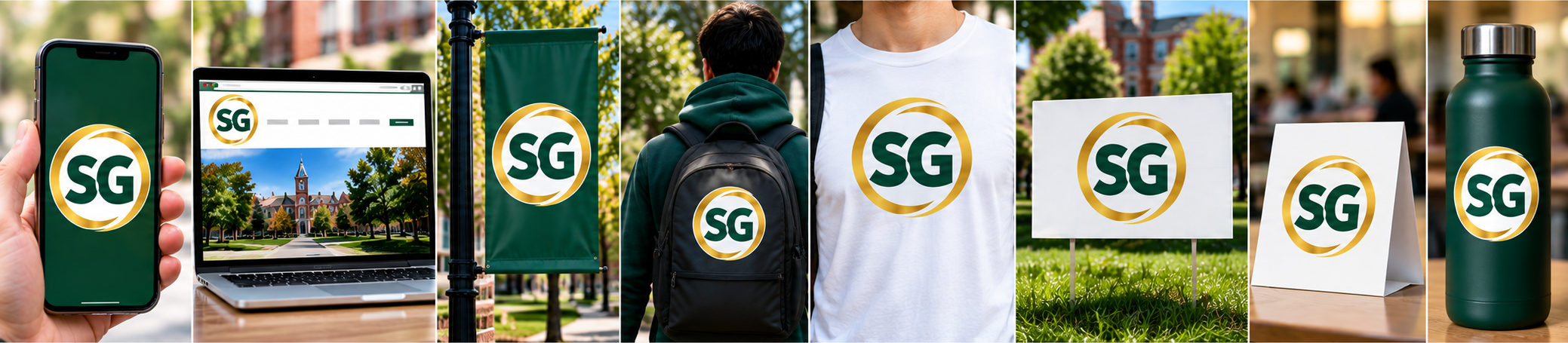 The same SG logo and colors on a phone screen, a website, a street-pole banner, a backpack, a T-shirt, a yard sign, a table tent and a water bottle.