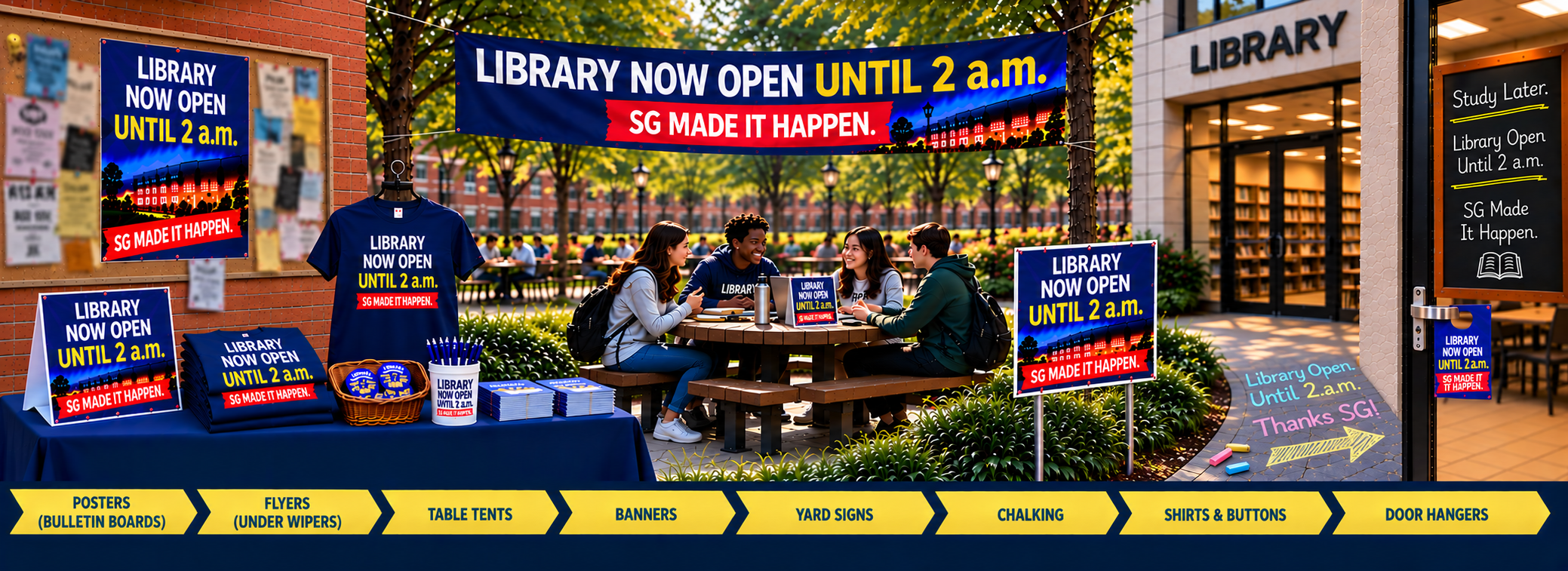 Campus scene promoting the library now open until 2 A.M. with SG made it happen on a bulletin board poster, table tent, T-shirts, buttons, a large banner, yard sign, sidewalk chalk and a door hanger. Labels along the bottom: posters (bulletin boards), flyers (under wipers), table tents, banners, yard signs, chalking, shirts and buttons, door hangers.