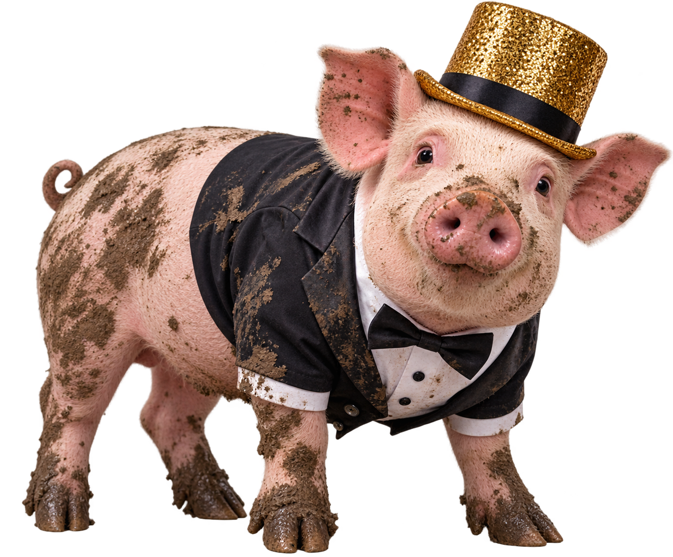 A muddy pig in a tuxedo, bow tie and gold sparkle top hat