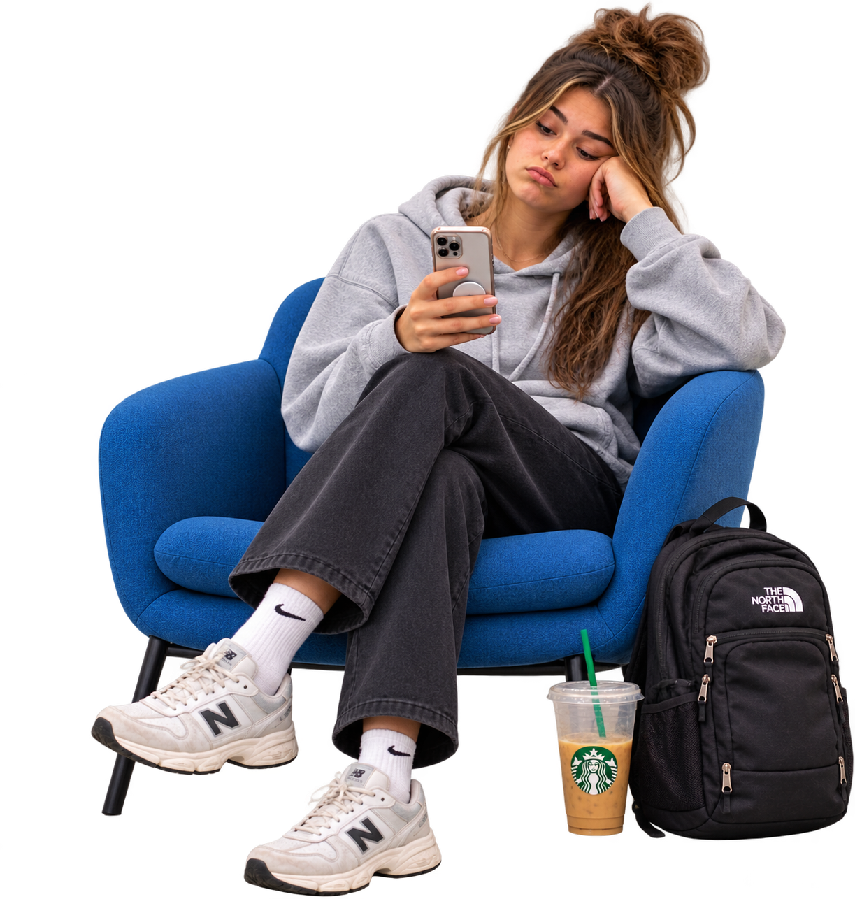 A bored student slouched in a blue armchair, scrolling on her phone